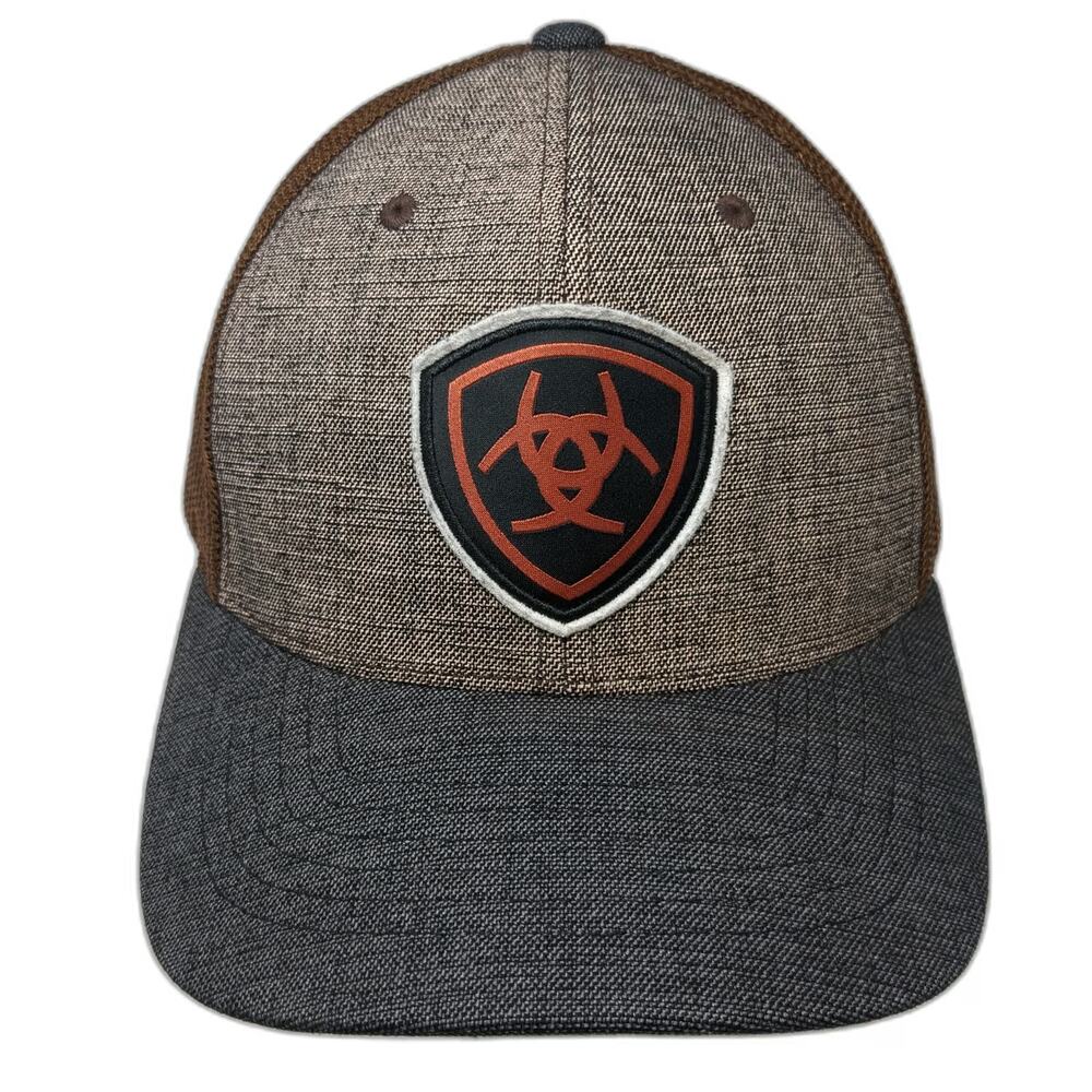 Ariat Baseball Cap Brown XL Mesh Back Flexfit Logo Shield Patch Heathered Hat